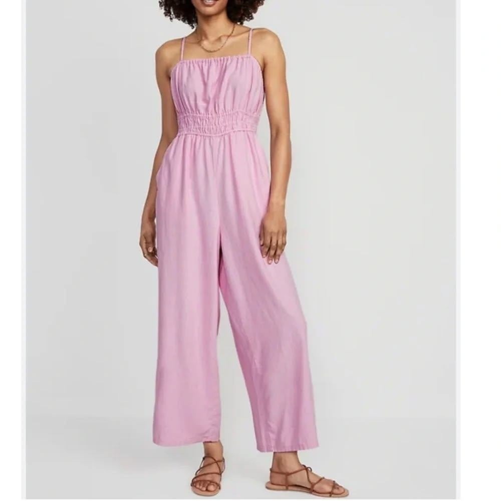 Old Navy Linen Blend Jumpsuit Medium Cottagecore Smocked Wide Leg Ankle Pink